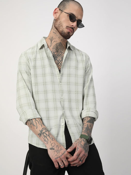 Tea Green Mini Plaid Checks Seersucker Shirt