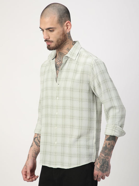 Tea Green Mini Plaid Checks Seersucker Shirt
