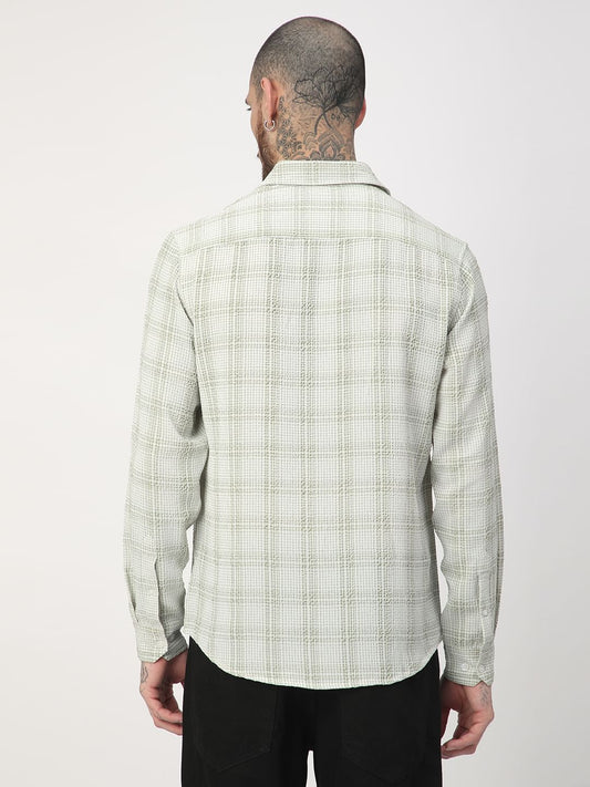 Tea Green Mini Plaid Checks Seersucker Shirt