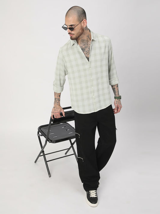 Tea Green Mini Plaid Checks Seersucker Shirt