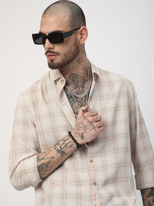 Copper Brown Mini Plaid Checks Seersucker Shirt