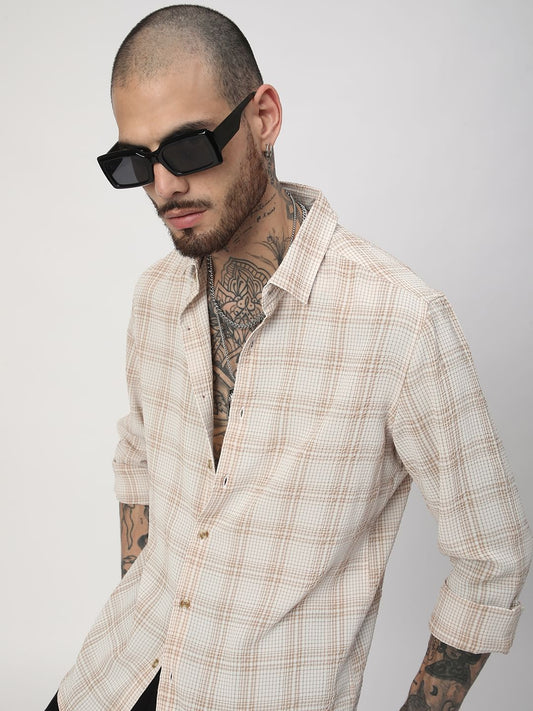 Copper Brown Mini Plaid Checks Seersucker Shirt