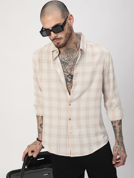 Copper Brown Mini Plaid Checks Seersucker Shirt