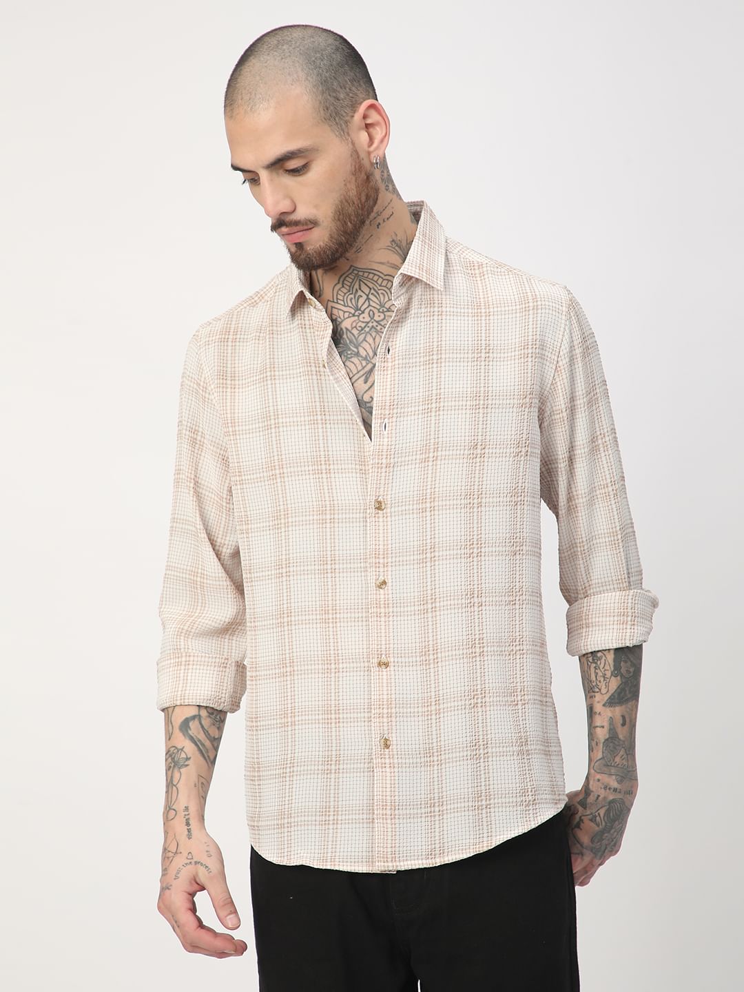 Copper Brown Mini Plaid Checks Seersucker Shirt