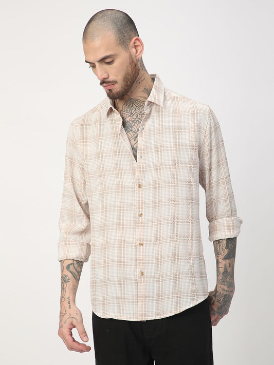 Copper Brown Mini Plaid Checks Seersucker Shirt