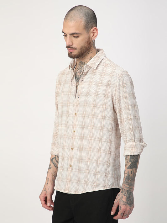 Copper Brown Mini Plaid Checks Seersucker Shirt