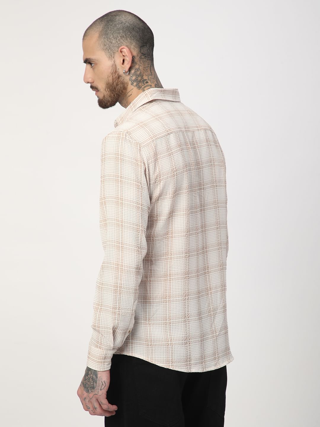Copper Brown Mini Plaid Checks Seersucker Shirt