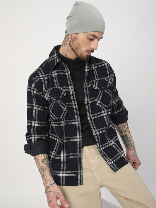 Navy & White Checked Corduroy Double Pocket Overshirt