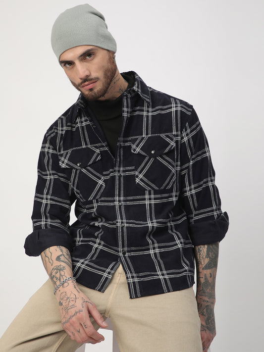 Navy & White Checked Corduroy Double Pocket Overshirt