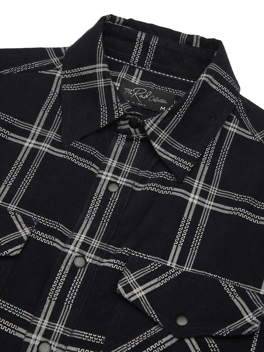 Navy & White Checked Corduroy Double Pocket Overshirt