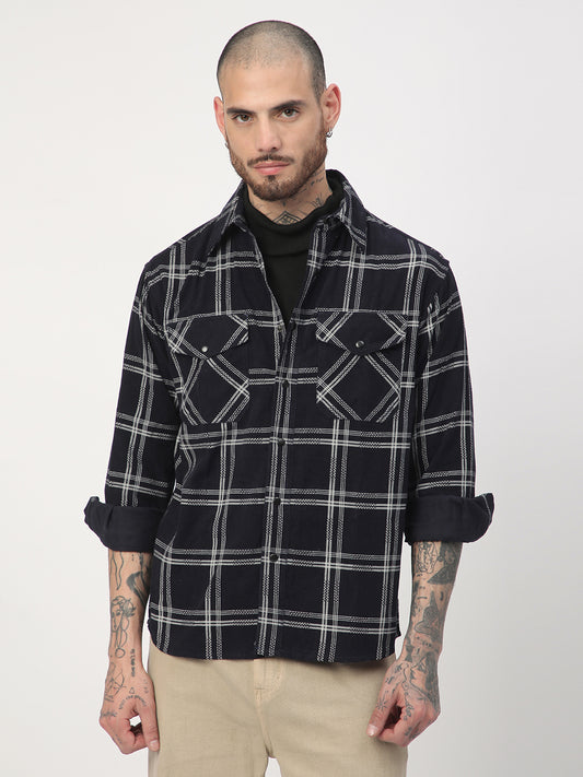 Navy & White Checked Corduroy Double Pocket Overshirt