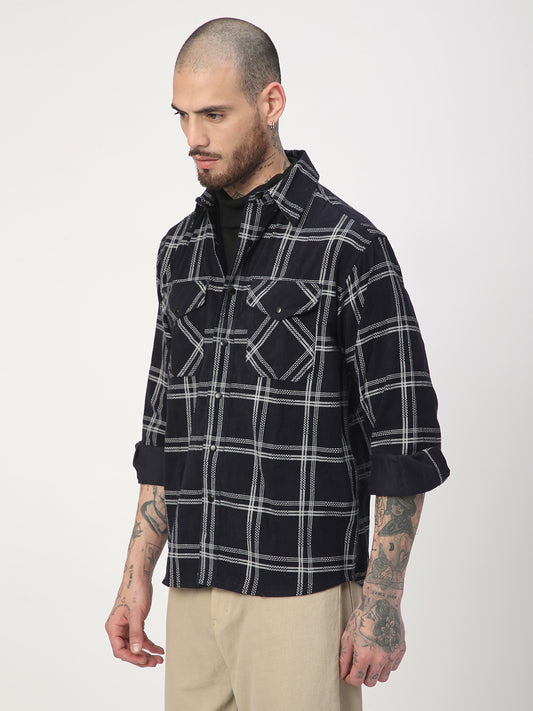Navy & White Checked Corduroy Double Pocket Overshirt