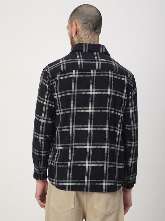 Navy & White Checked Corduroy Double Pocket Overshirt