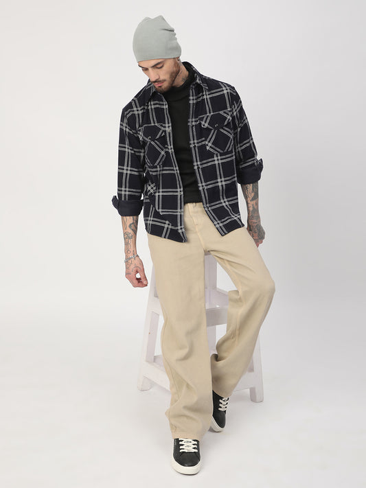 Navy & White Checked Corduroy Double Pocket Overshirt