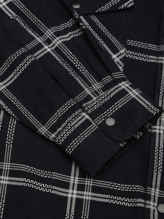 Navy & White Checked Corduroy Double Pocket Overshirt