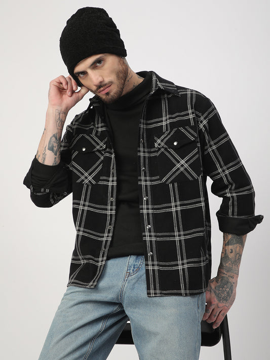 Elan Black Checks Double Flap Pocket Corduroy Overshirt