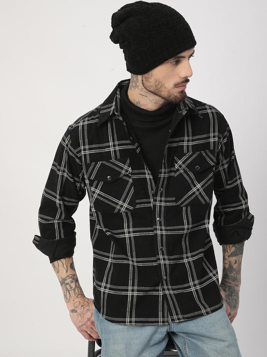 Elan Black Checks Double Flap Pocket Corduroy Overshirt
