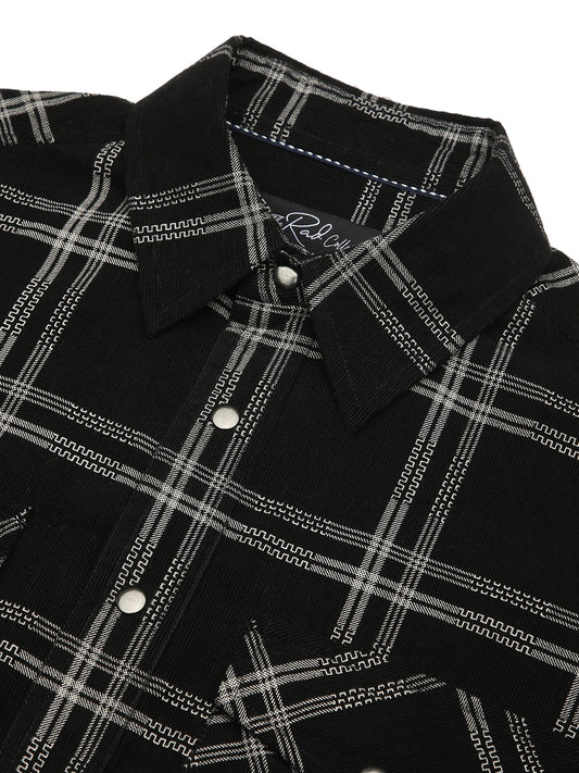 Elan Black Checks Double Flap Pocket Corduroy Overshirt