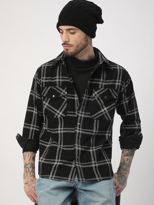 Elan Black Checks Double Flap Pocket Corduroy Overshirt