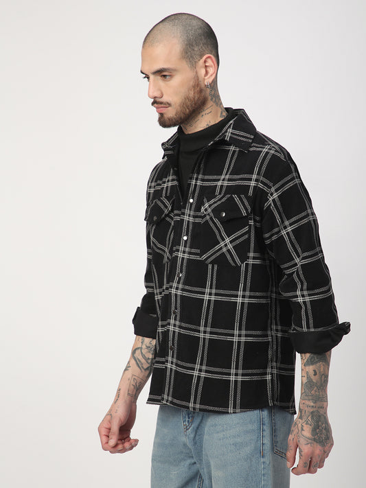 Elan Black Checks Double Flap Pocket Corduroy Overshirt