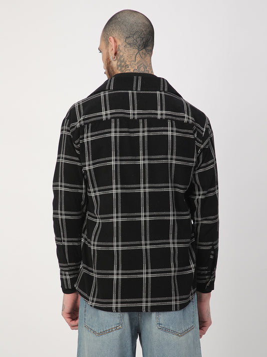 Elan Black Checks Double Flap Pocket Corduroy Overshirt