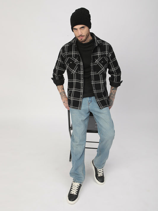 Elan Black Checks Double Flap Pocket Corduroy Overshirt