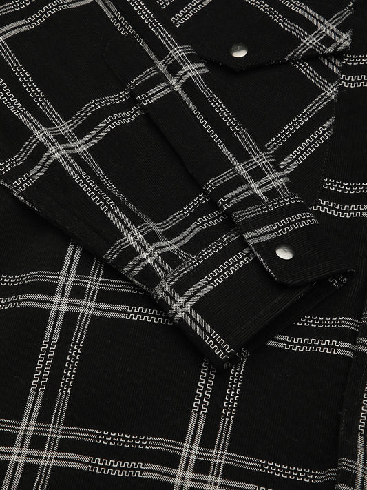 Elan Black Checks Double Flap Pocket Corduroy Overshirt