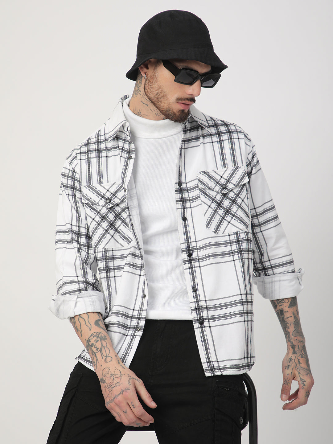 White Chevron Checks Double Flap Pocket Corduroy Overshirt