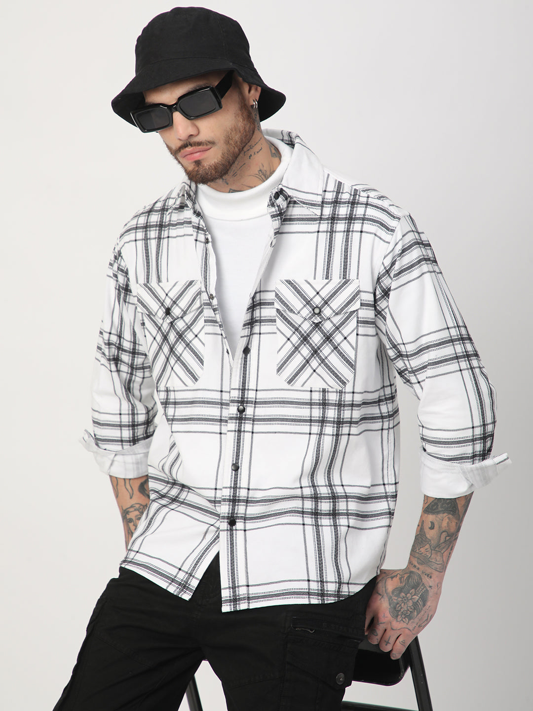White Chevron Checks Double Flap Pocket Corduroy Overshirt