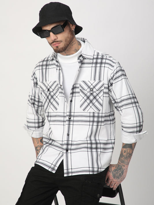 White Chevron Checks Double Flap Pocket Corduroy Overshirt