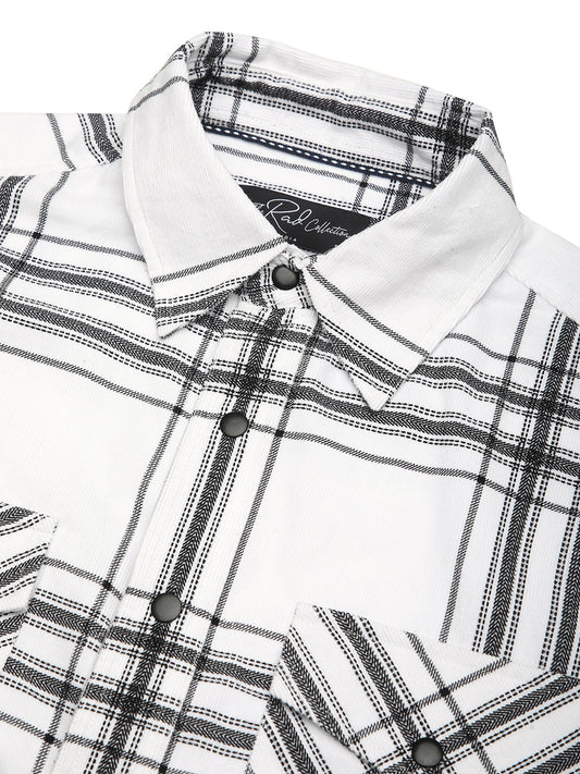 White Chevron Checks Double Flap Pocket Corduroy Overshirt