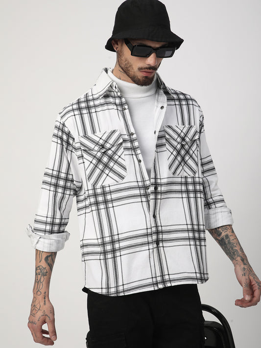 White Chevron Checks Double Flap Pocket Corduroy Overshirt