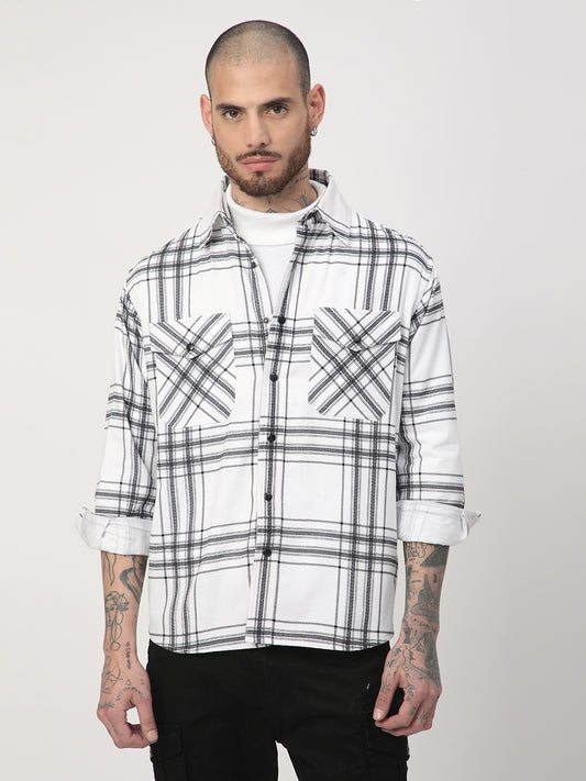White Chevron Checks Double Flap Pocket Corduroy Overshirt