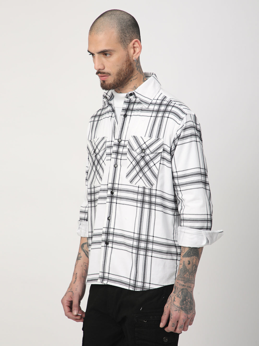 White Chevron Checks Double Flap Pocket Corduroy Overshirt