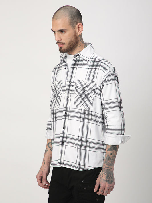 White Chevron Checks Double Flap Pocket Corduroy Overshirt