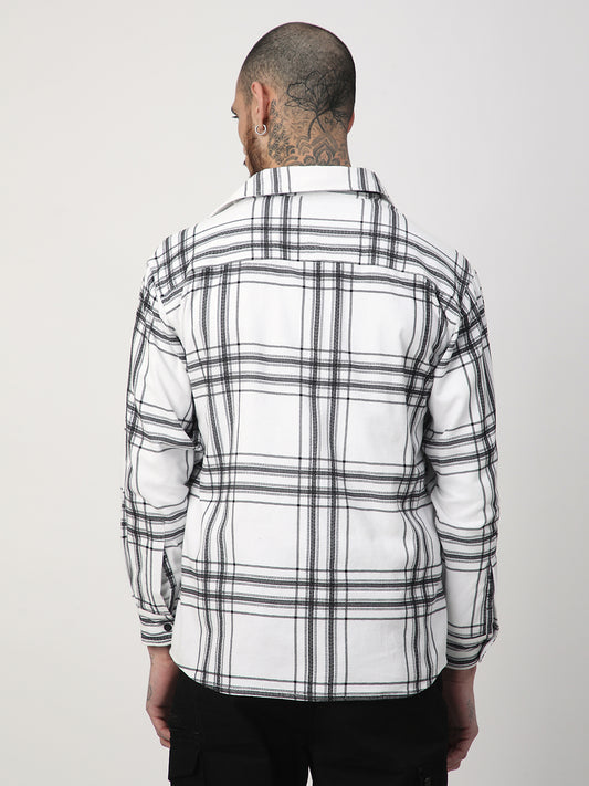 White Chevron Checks Double Flap Pocket Corduroy Overshirt