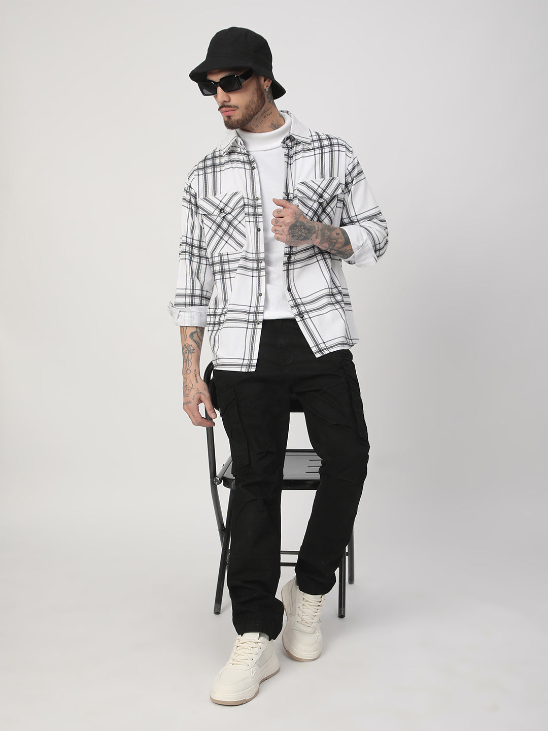 White Chevron Checks Double Flap Pocket Corduroy Overshirt