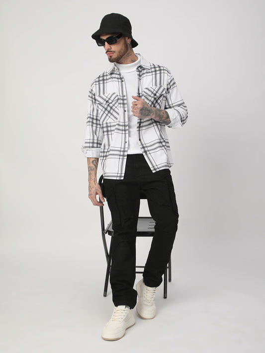 White Chevron Checks Double Flap Pocket Corduroy Overshirt