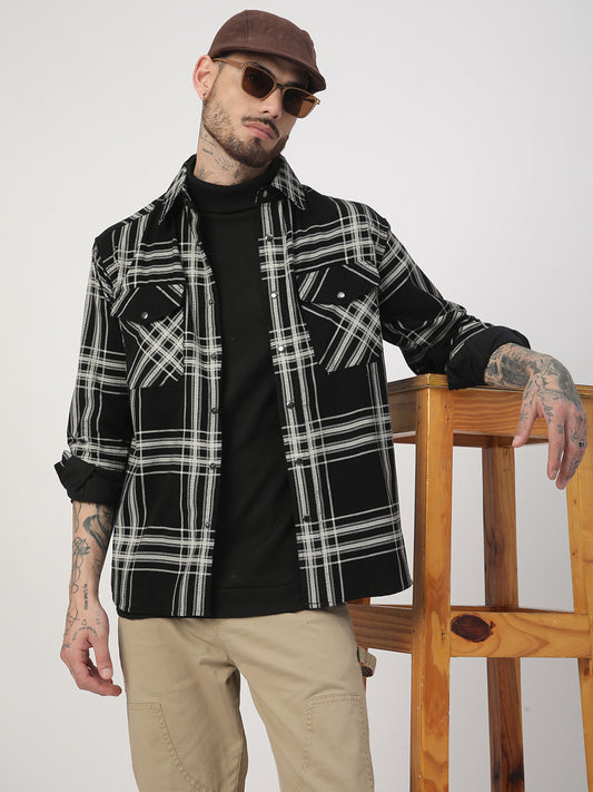 Jet Black & White Checkered Double Pocket Corduroy Overshirt