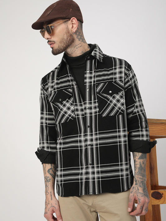 Jet Black & White Checkered Double Pocket Corduroy Overshirt