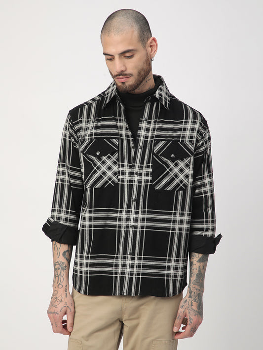 Jet Black & White Checkered Double Pocket Corduroy Overshirt