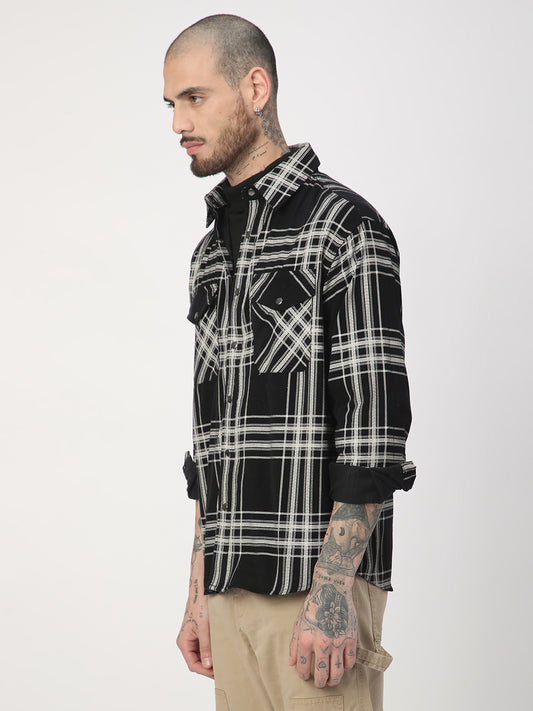 Jet Black & White Checkered Double Pocket Corduroy Overshirt