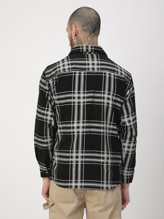 Jet Black & White Checkered Double Pocket Corduroy Overshirt