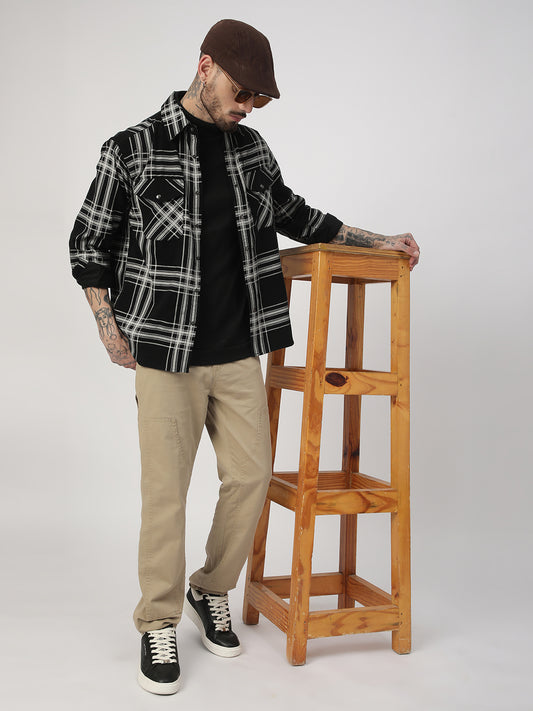 Jet Black & White Checkered Double Pocket Corduroy Overshirt