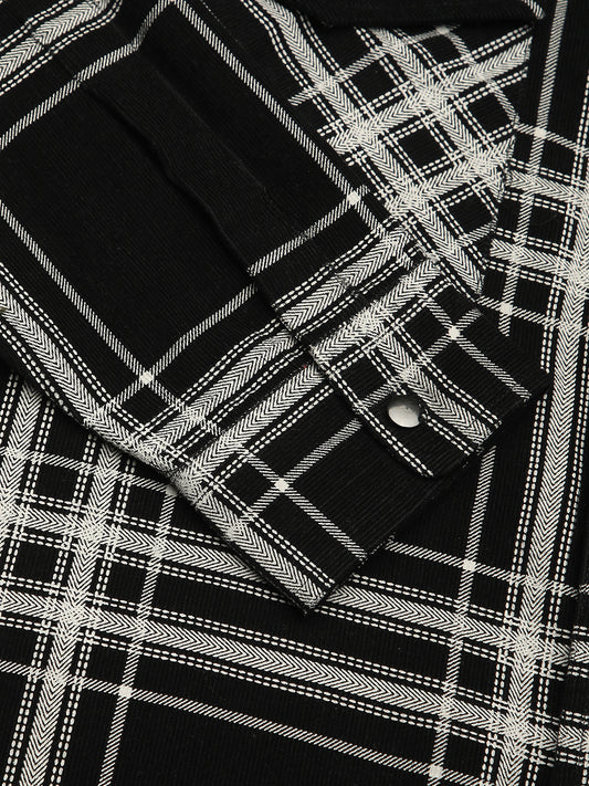 Jet Black & White Checkered Double Pocket Corduroy Overshirt