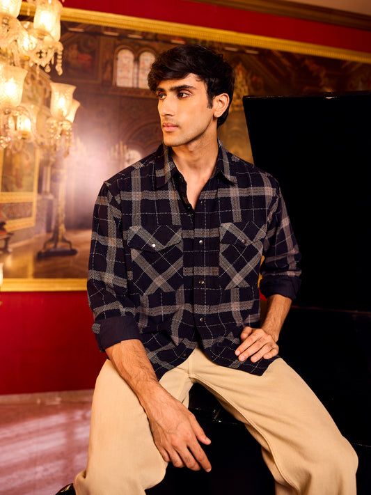 Elan Navy Dot Checks Double Flap Pocket Corduroy Overshirt
