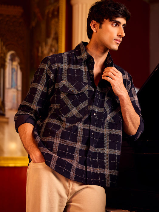 Elan Navy Dot Checks Double Flap Pocket Corduroy Overshirt