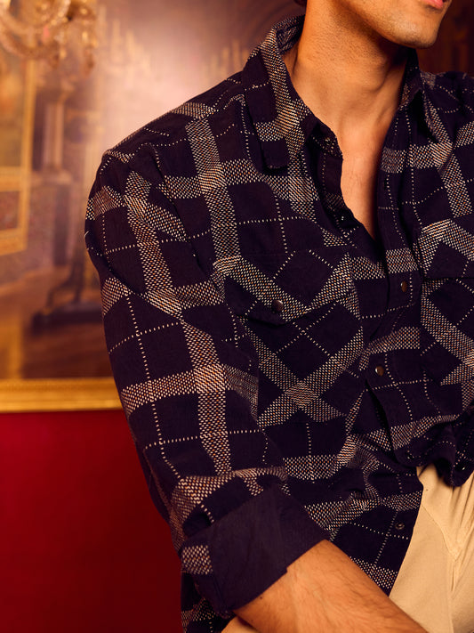Elan Navy Dot Checks Double Flap Pocket Corduroy Overshirt