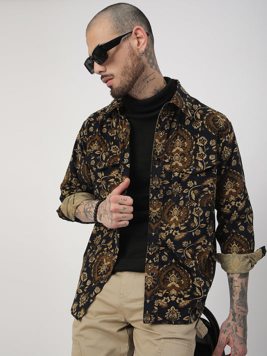 Navy Floral Paisley Printed Double Pocket Corduroy Shirt