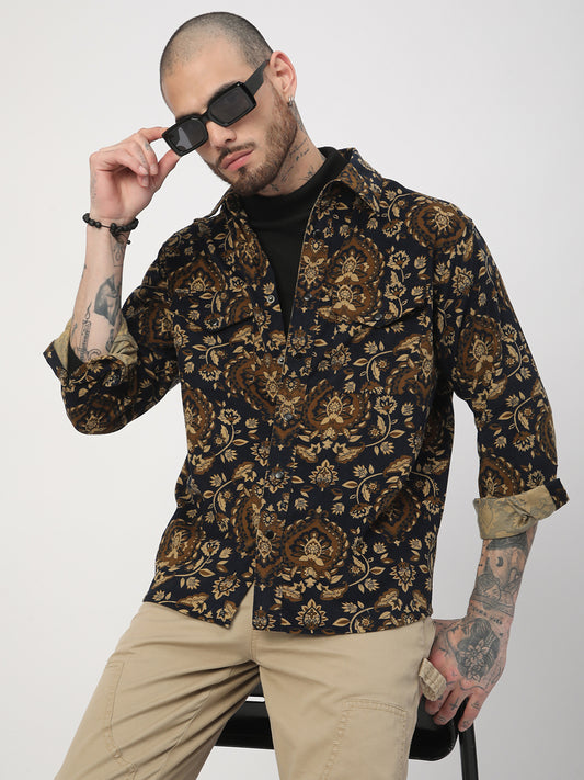 Navy Floral Paisley Printed Double Pocket Corduroy Shirt
